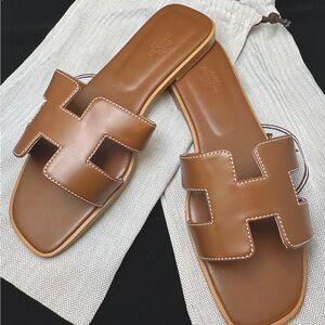 Hermes Style Tan Brown H Cutout Leather Slide Sandals